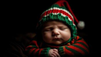 Cute newborn boy sleeping peacefully wrapped in soft knit blanket generated by AI photo