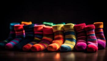 Vibrant colored wool socks in a row on wood flooring generated by AI photo