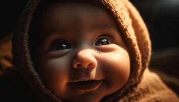 Smiling baby boy, innocence and joy captured in headshot portrait generated by AI photo