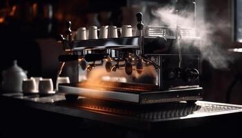 Freshly brewed coffee in a metal mug at a coffee shop generated by AI photo