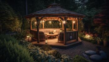 Luxury cottage illuminated by lanterns in rustic forest landscape generated by AI photo