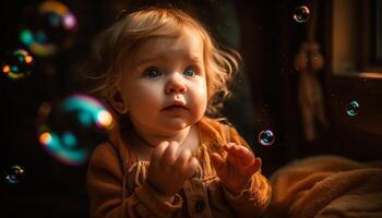 Smiling baby girl playing with toy outdoors in winter season generated by AI photo