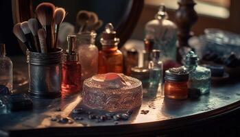 Luxury beauty collection on wooden table with antique perfume bottle generated by AI photo