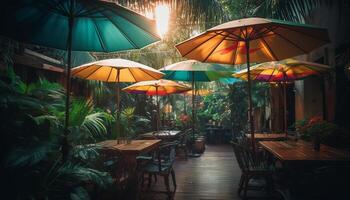 Summer night outdoors table, chair, umbrella, wood, rain, nature generated by AI photo