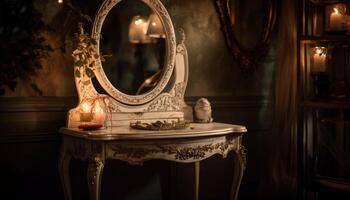 Antique candlestick holder illuminates old fashioned elegance in domestic room generated by AI photo