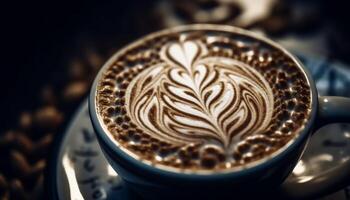 Frothy cappuccino in coffee cup with latte art heart decoration generated by AI photo