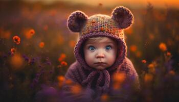 Smiling baby boy playing in colorful autumn meadow with family generated by AI photo