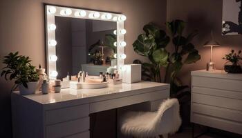 moderno Departamento con elegante decoración, cómodo y iluminado con lujo Encendiendo generado por ai foto