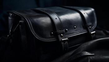 Elegant black leather briefcase with shiny metal buckle handle generated by AI photo
