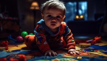 Cute baby boy playing with multi colored toy, pure happiness indoors generated by AI photo