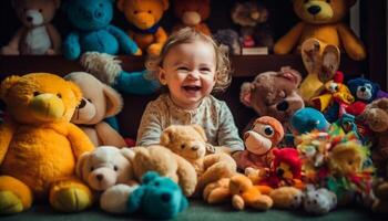 Cute baby playing with a soft teddy bear gift generated by AI photo