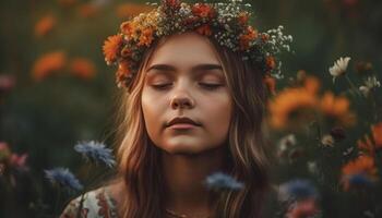 Young woman enjoys nature beauty, smiling with wreath of flowers generated by AI photo