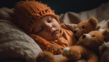 Sleeping baby boy wrapped in soft blanket with teddy bear generated by AI photo