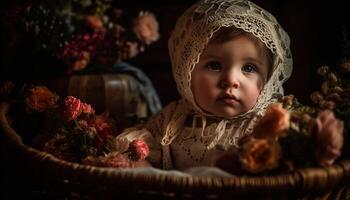 linda bebé niña sonriente, participación flor cesta en otoño estudio generado por ai foto