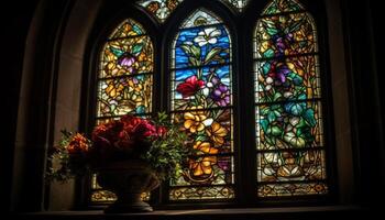 gótico arquitectura, manchado vaso, y florido decoración iluminar espiritualidad generado por ai foto