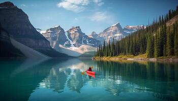 hombres y mujer canotaje en tranquilo morena lago, rocoso montañas generado por ai foto