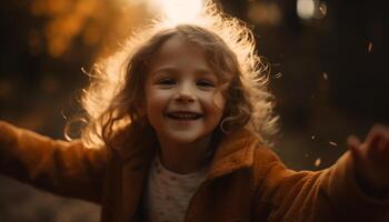 linda niño disfruta juguetón otoño al aire libre, sonriente en calentar ropa generado por ai foto