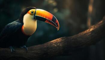 Toucan perching on branch, vibrant feathers, close up, tropical beauty generated by AI photo