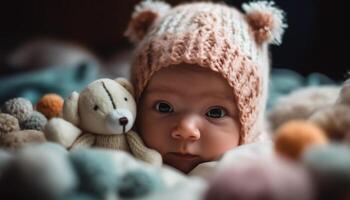 sonriente bebé chico en calentar tejer sombrero obras de teatro con osito de peluche oso generado por ai foto