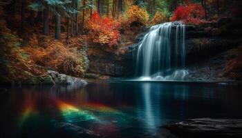 tranquilo escena de fluido agua en otoño bosque desierto zona generado por ai foto