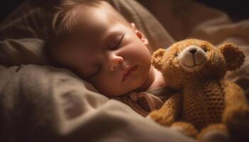 Sleeping baby boy cuddles teddy bear in cozy bedroom bliss generated by AI photo