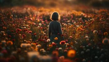 caucásico niña disfruta naturaleza belleza, sentado en retroiluminado prado generado por ai foto