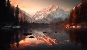 Majestic mountain range reflects tranquil sunset, creating panoramic beauty generated by AI photo