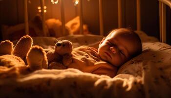 Sleeping baby boy surrounded by toys and teddy bear generated by AI photo