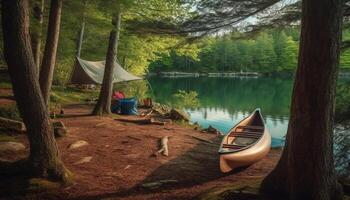 Men canoeing in tranquil forest, enjoying leisure activity and relaxation generated by AI photo