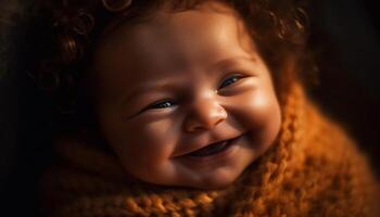 sonriente bebé chico, lleno de alegría, mirando a cámara generado por ai foto