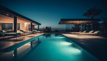 Luxury hotel infinity pool reflects tranquil blue twilight landscape generated by AI photo