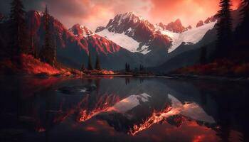 majestuoso montaña rango refleja tranquilo atardecer, un naturaleza belleza generado por ai foto