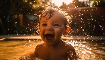 linda caucásico Niños salpicaduras en piscina, disfrutando despreocupado verano divertido generado por ai foto