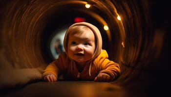 sonriente bebé chico jugando al aire libre, un nuevo vida iluminado generado por ai foto