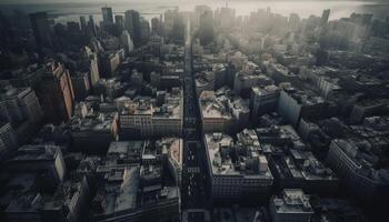 Modern city skyline at dusk, high up, toned monochrome image generated by AI photo