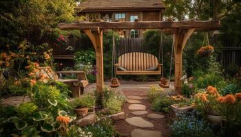 Rustic flower pot on old fashioned chair in tranquil meadow generated by AI photo