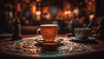 Wooden table with cappuccino and latte on saucers, frothy elegance generated by AI photo