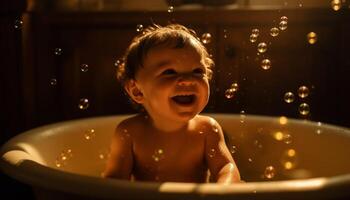 Smiling Caucasian child enjoying bubble bath in domestic bathroom generated by AI photo