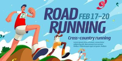 Road running event banner design with energetic competitors crossing different terrains vector