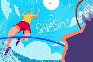 Badminton tournament poster, bottom up view of one player doing jump smash with another player trying to defense, in fish eye view vector