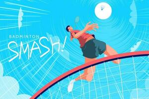 bádminton torneo póster, fondo arriba ver de joven energético jugador haciendo súper saltar aplastar en pescado ojo ver vector