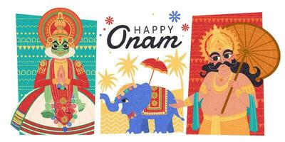 contento onam plano diseño con mahabali, Kathakali bailarín y elefante procesión vector