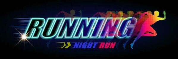 Neon light style night run event banner with colorful halftone runner on black background vector