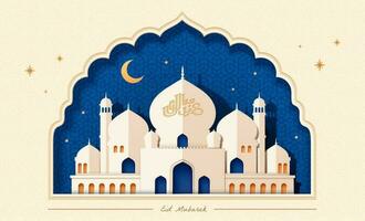 White paper art mosque over blue geometric background in arch shape, Eid mubarak calligraphy on onion dome which means Blessed festival vector