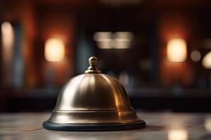 Restaurant bell on a table in a restaurant, shallow depth of field, A closeup of a hotel service bell is placed on the reception counter, photo