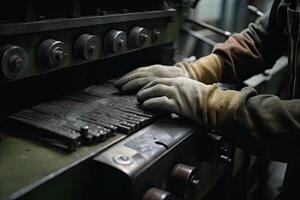 trabajador trabajando en torno máquina en fábrica, de cerca. un de cerca ver de fábrica obrero manos en acción, ai generado foto