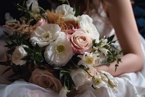 Bridal bouquet of white and pink flowers in the hands of the bride, bride holding a beautiful wedding bouquet close to her chest, photo