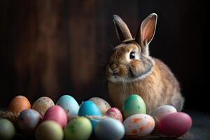 Easter bunny and colorful eggs on rustic wooden background. Selective focus. . photo