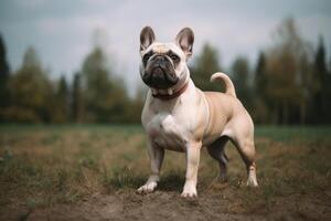 Portrait of a beautiful French Bulldog standing in the field. photo