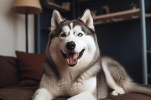 Siberian Husky dog lying on the sofa and yawning. photo